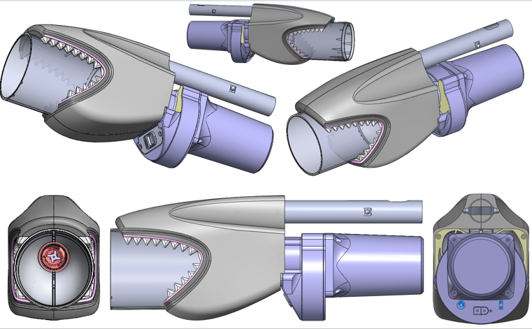 SolidWorks CAD model of the SharkVac — multiple views showing hammerhead form factor, suction head, and pole interface geometry