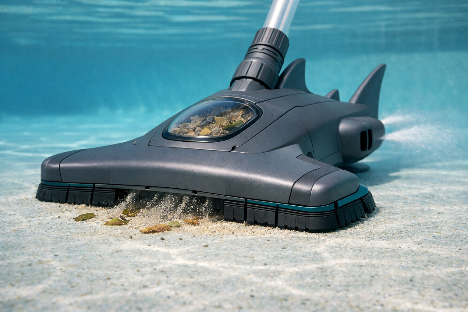 SharkVac rendered concept — top-down view of pool vacuum on pool floor showing shark form factor, teal accents, and debris collection window