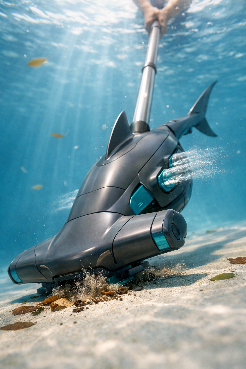 SharkVac rendered concept — side profile view showing shark fins, pole interface, brush skirt, and submersible housing