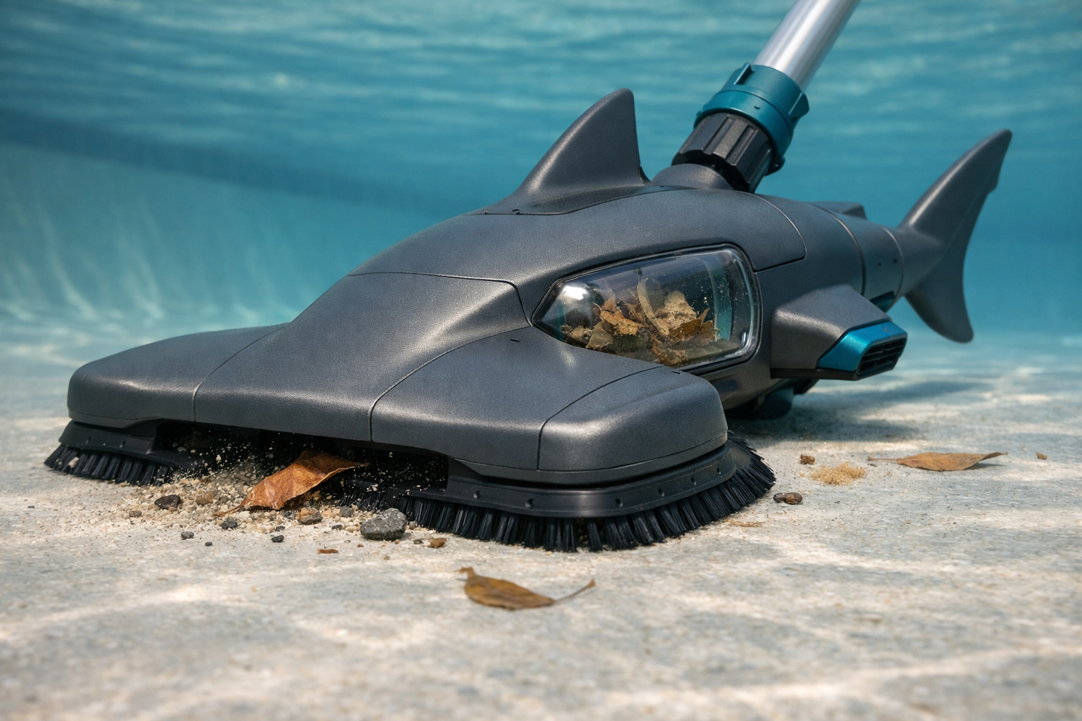 SharkVac pool vacuum in use underwater, cleaning pool floor debris