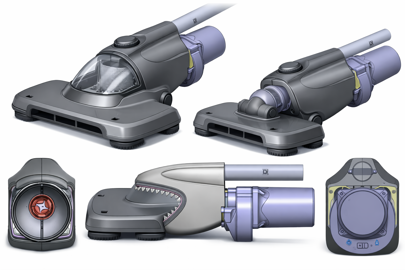 Rendered SolidWorks model of the SharkVac showing multiple orthographic views — front, side, top, and isometric — with shaded surface finish applied